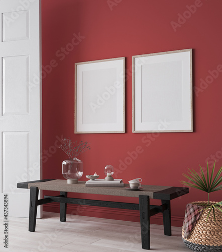 Poster frame mockup  red modern interior background  3d render