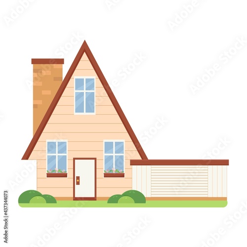 Family house in flat style, house with garage, flowers on the windowsill.