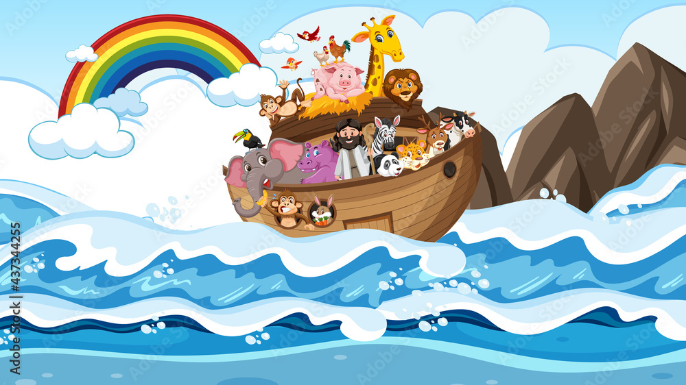 Naklejka premium Noah's Ark with animals in the ocean scene