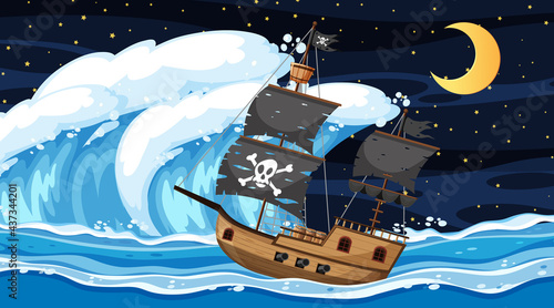 Ocean with Pirate ship at night scene in cartoon style