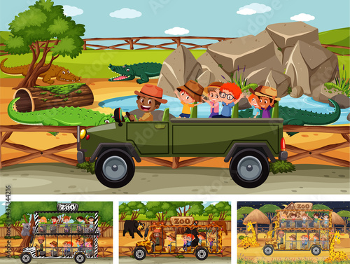 Different safari scenes with animals and kids cartoon character