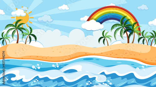 Beach landscape at day time scene with rainbow in the sky