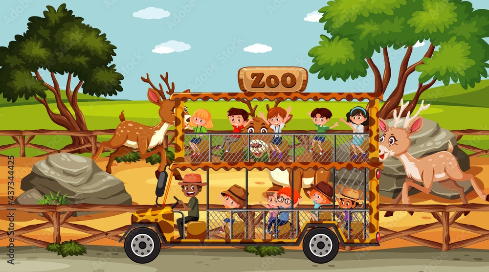 Safari at daytime scene with children in the tourist car Safari at daytime scene with children in the tourist car