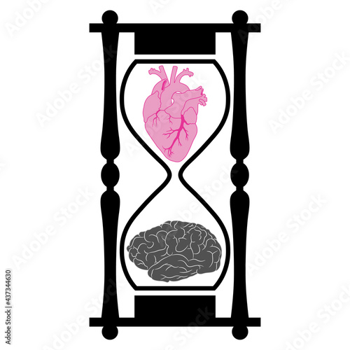 Hourglass with human heart and brain inside. Creative concept. Juxtaposition of logic and emotions. Monochrome silhouette. photo