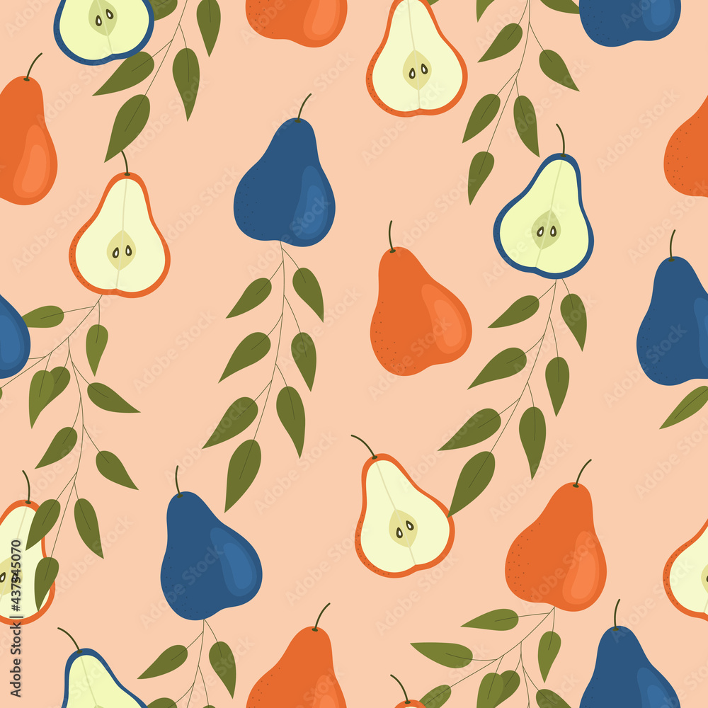 Obraz premium Green pears on a blue background. Seamless pattern for background, fabric printing, wrapping paper, phone case, wallpaper. Vector illustration