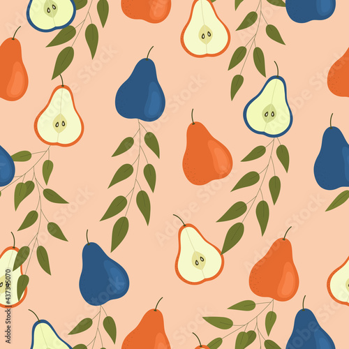 Green pears on a blue background. Seamless pattern for background, fabric printing, wrapping paper, phone case, wallpaper. Vector illustration