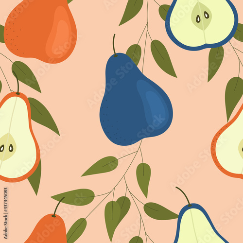 Blue and orange pears on a light background. Seamless pattern for background, fabric printing, wrapping paper, phone case. Vector illustration