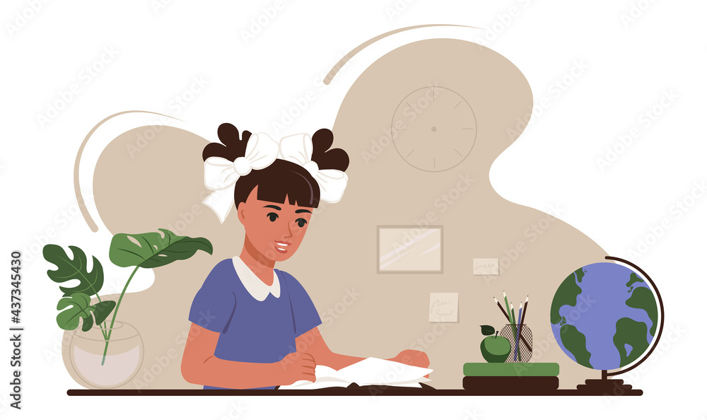 Back to school concept. The girl is sitting at a table with school supplies and studying at books. Flat vector illustration of education