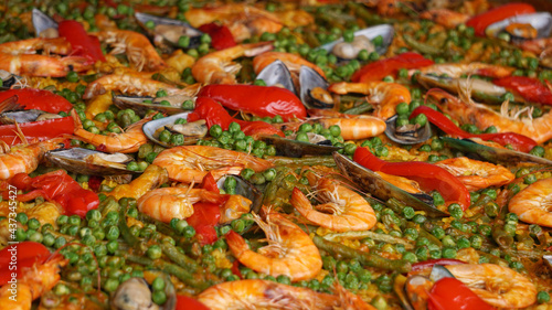 Seafood paella the traditional Spanish dish from Valencia, Close up