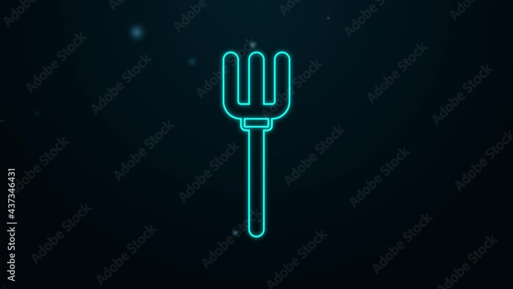Glowing neon line Garden pitchfork icon isolated on black background. Garden fork sign. Tool for horticulture, agriculture, farming. 4K Video motion graphic animation Glowing neon line Garden pitchfork icon isolated on black background. Garden fork sign. Tool for horticulture, agriculture, farming. 4K Video motion graphic animation