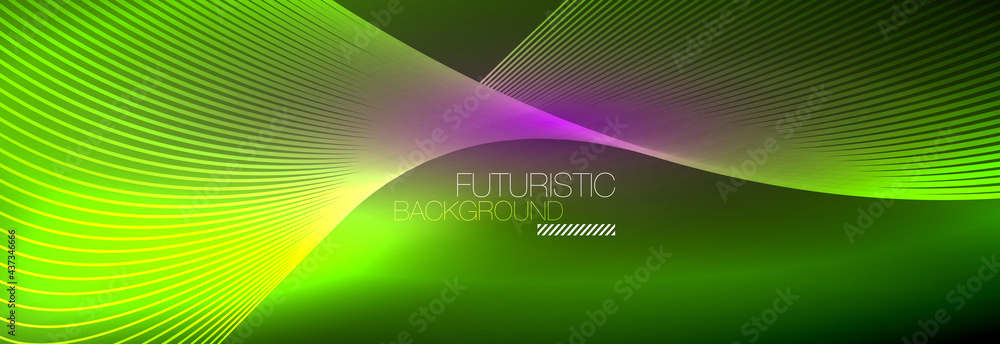 Abstract neon glowing light in the dark with waves. Shiny magic energy and motion concept, vector abstract wallpaper background Abstract neon glowing light in the dark with waves. Shiny magic energy and motion concept, vector abstract wallpaper background