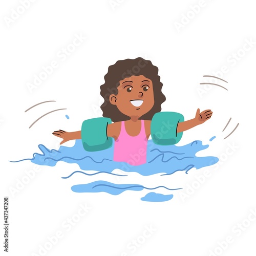Girl swimming in water on summer vacations. Little child having fun in inflatable tools on arms vector illustration. Kid spending holidays in seaside or swimming pool on white background