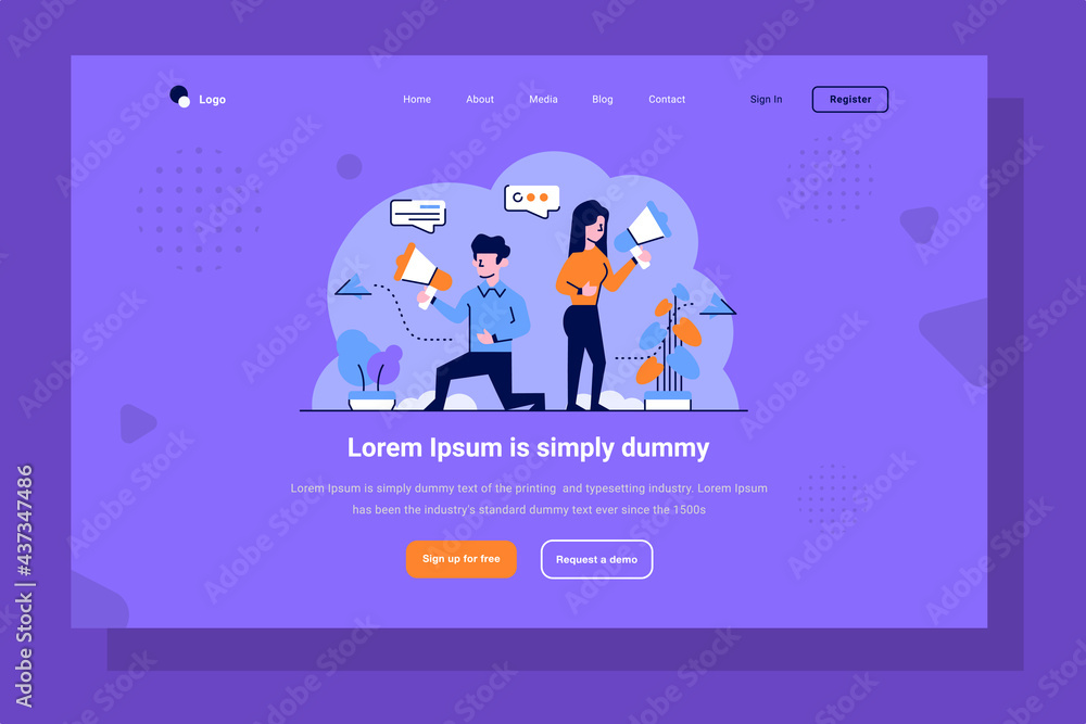 Landing Page Business and finance man and women team doing marketing. Social media announcement, flat and outline design style Landing Page Business and finance man and women team doing marketing. Social media announcement, flat and outline design style