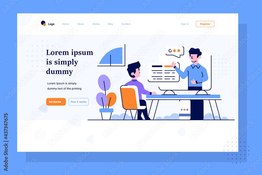 Landing Page Business man study in online course the mentor explain in online class computer learn flat and outline design style Landing Page Business man study in online course the mentor explain in online class computer learn flat and outline design style