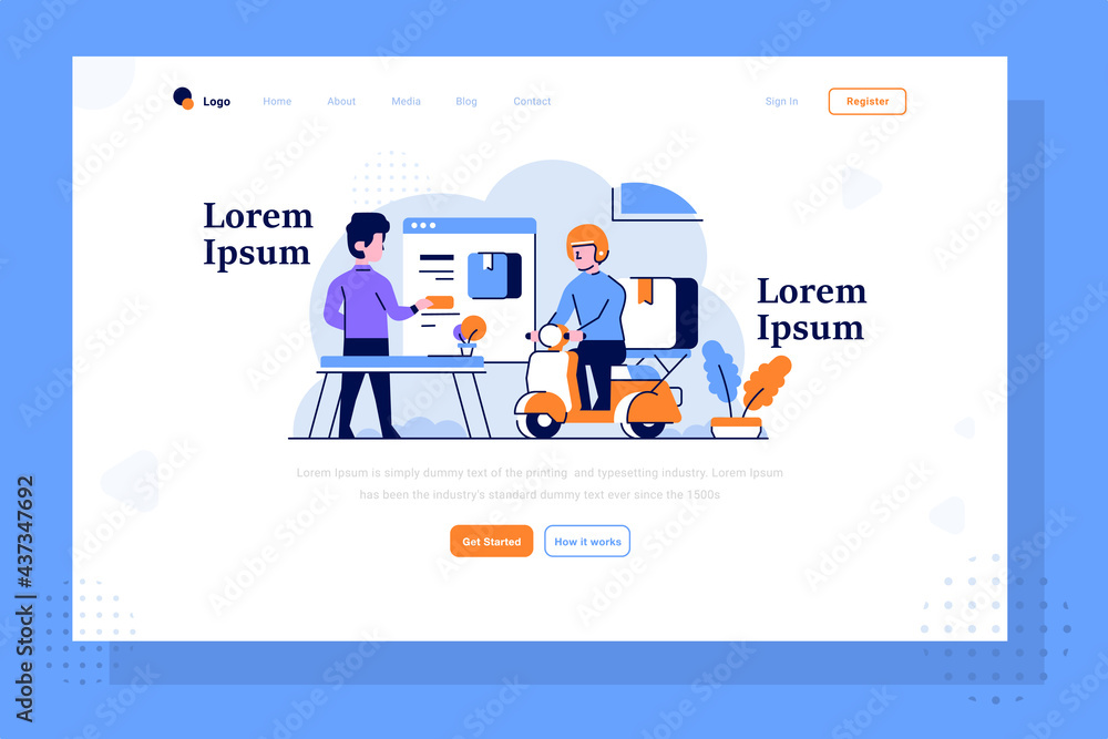 Landing Page Business marketplace people order some stuff in application the Courier deliver item with motorcycle flat and outline design style
