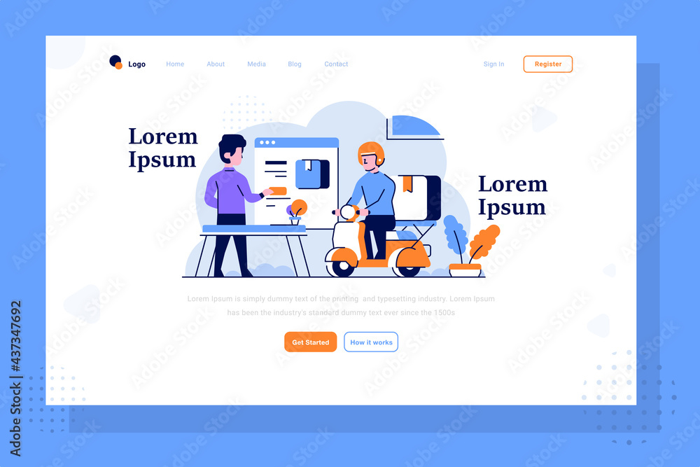 Landing Page Business marketplace people order some stuff in application the Courier deliver item with motorcycle flat and outline design style Landing Page Business marketplace people order some stuff in application the Courier deliver item with motorcycle flat and outline design style