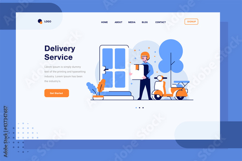 Landing Page Business marketplace Courier deliver item stuff with motorcycle to a consumer house home door flat and outline design style