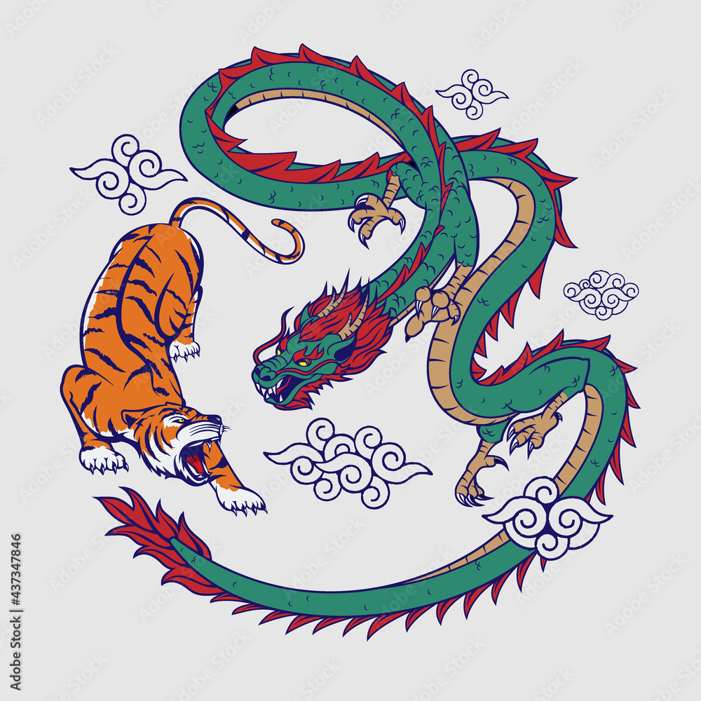 Obraz premium Tiger and Dragon flat color vector illustration for insignia, t-shirt print, design element, or any other purpose.