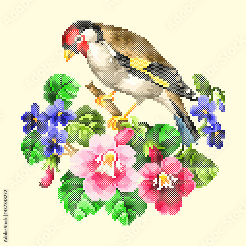 vector art embroidery bird and flowers
