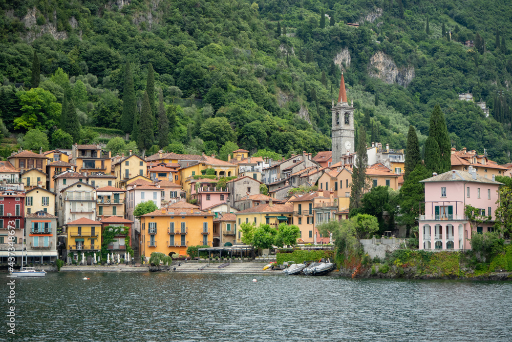 Panorama of the historic village Varenna, Italy, at Lago di Como from the water