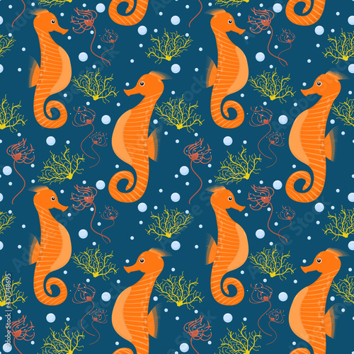 marine vector pattern with seahorses and algae on a dark blue background