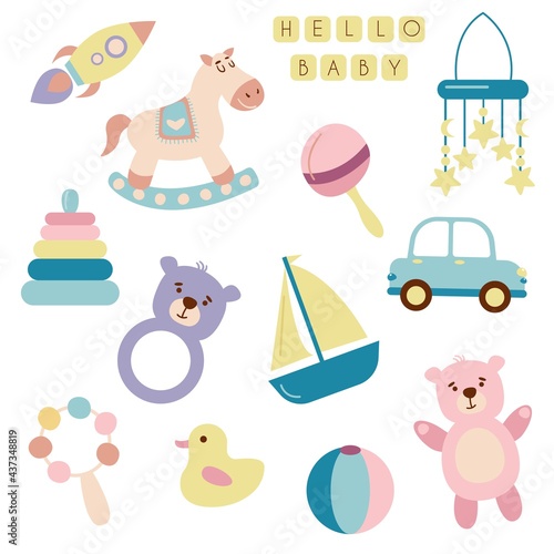 Vector set of boys and girls themed baby images. White background, isolate. Vector illustration. Flat style.