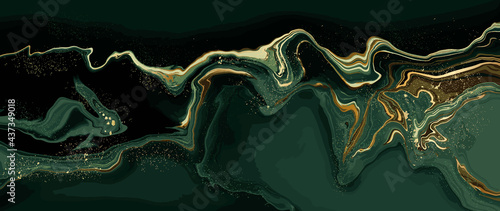 luxury wallpaper. Green marble and gold abstract background texture. Dark green emerald marbling with natural luxury style swirls of marble and gold powder.	