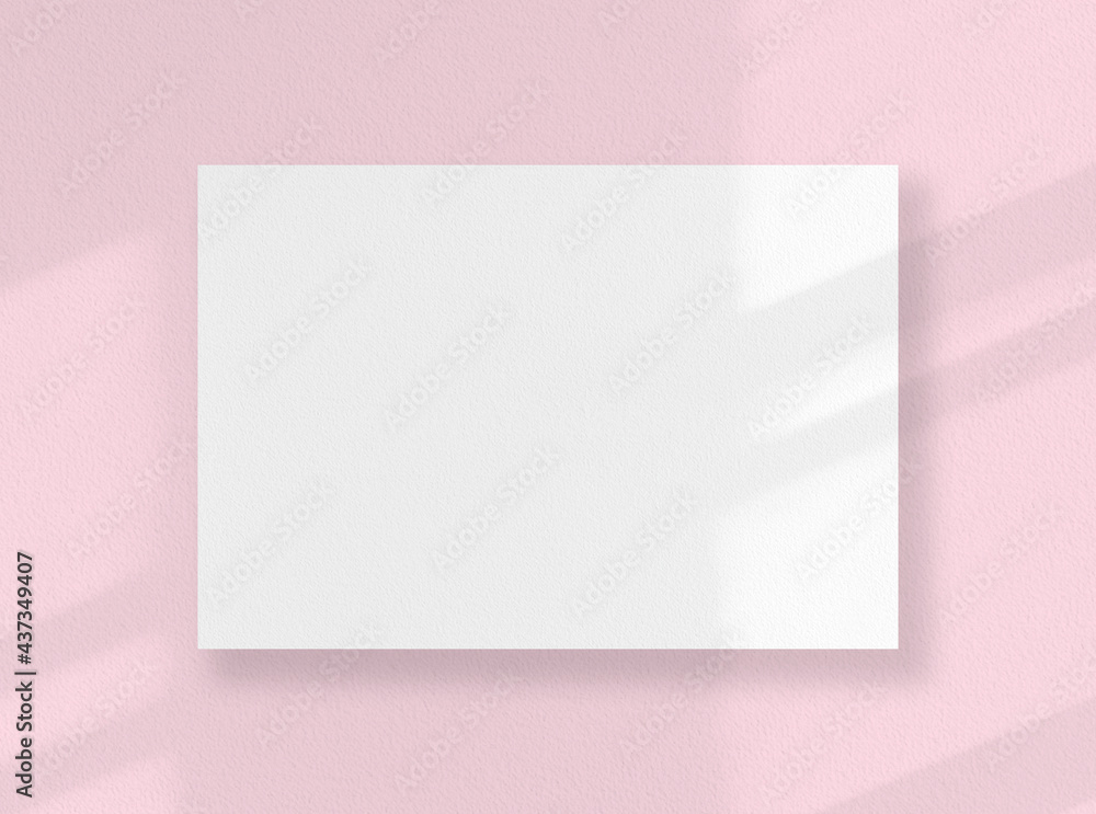 Blank square card, white sheet as mockup with sunny shadows on pink surface. Blank square card, white sheet as mockup with sunny shadows on pink surface.