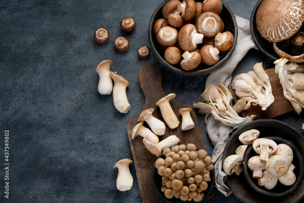 Variety of raw mushrooms on dark background. Vegan food cocnept. Top view, flat lay, copy space Variety of raw mushrooms on dark background. Vegan food cocnept. Top view, flat lay, copy space