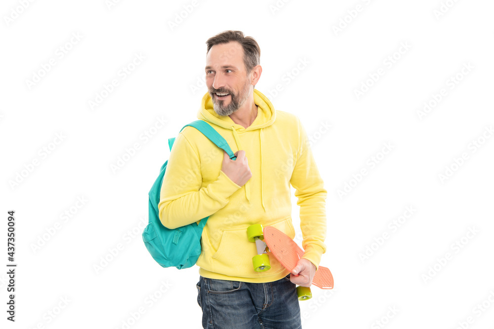 handsome mature man hipster in hoody with backpack and penny board isolated on white, longboard. handsome mature man hipster in hoody with backpack and penny board isolated on white, longboard.