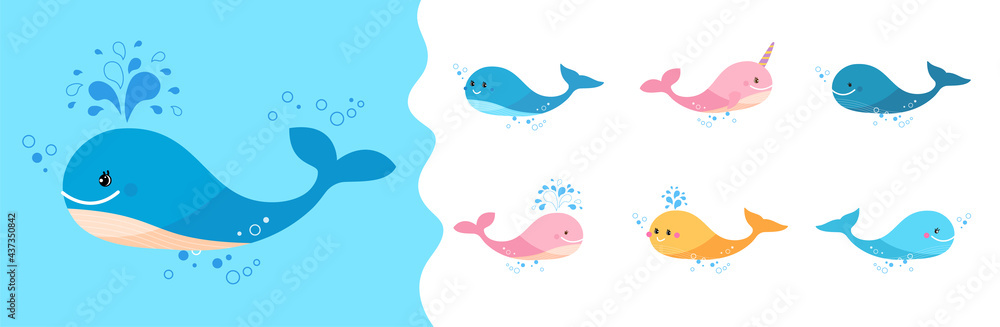 Cute little whale on blue background. Set of colorful different whales and narwhal. Cute little whale on blue background. Set of colorful different whales and narwhal.