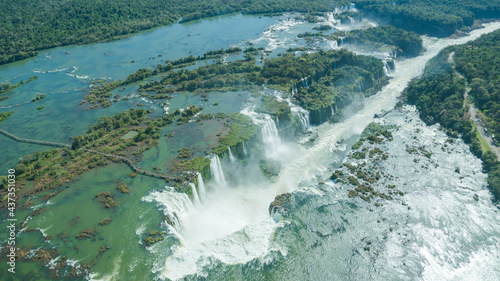 Aerial view of the famous waterfall located between Argentina and Brazil  called Iguazu Falls. The picture shows the so called throat of the devil.