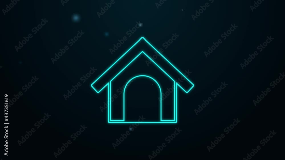 Glowing neon line Dog house icon isolated on black background. Dog kennel. 4K Video motion graphic animation Glowing neon line Dog house icon isolated on black background. Dog kennel. 4K Video motion graphic animation