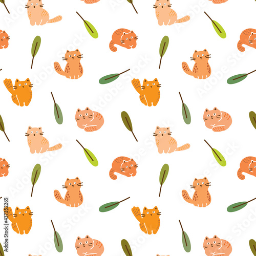 Seamless Pattern with Cartoon Ginger Cat and Leaf Illustration Design on White Background