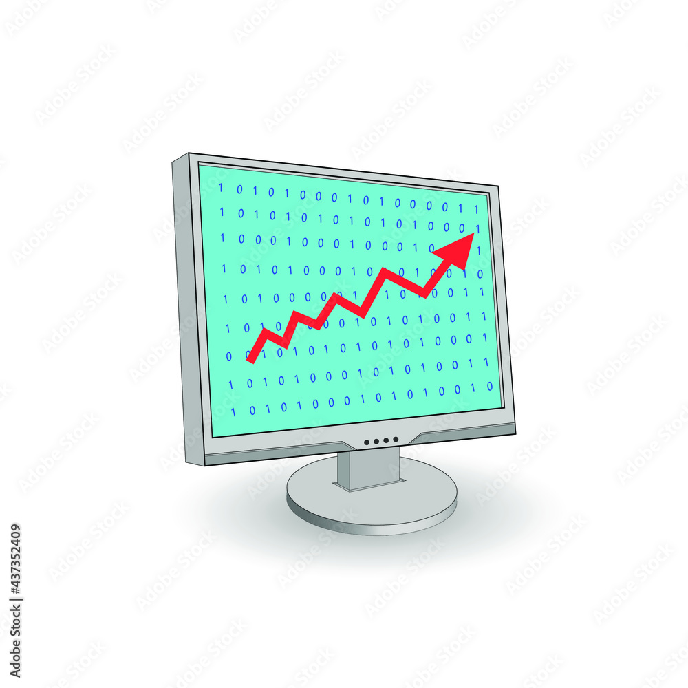 3D Computer and growth graph on monitor. A computer. Growth graph with an arrow.