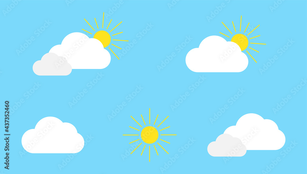 Set with different weather icons. Icons of sun and cloud on a blue background. Sunny vector logo. Set with different weather icons. Icons of sun and cloud on a blue background. Sunny vector logo.