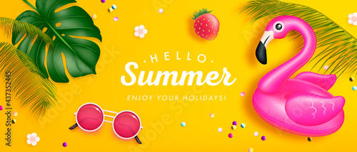 Vector summer poster or banner with realistic sunglasses, swimming ring, tropical leaves and flowers on yellow background