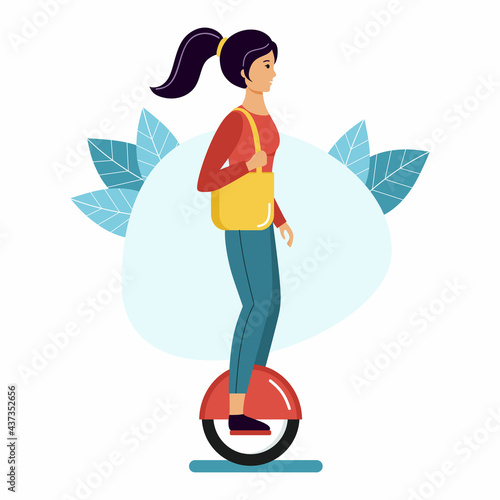 Woman rides a mono wheel. Girl and  scooter. Outdoor activities.