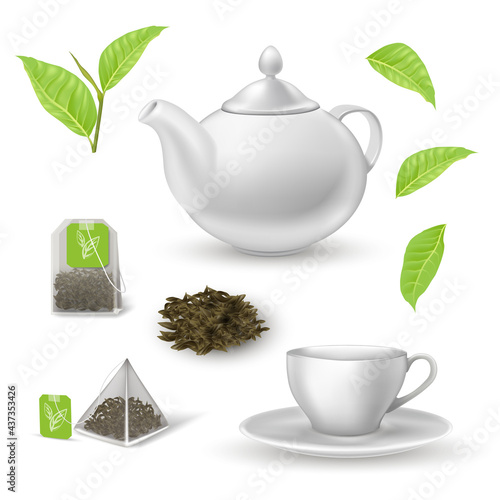 Green herbal tea elements set. Teapot, cup on plate, square and triangular teabag, pile of dried leaves, plant on branch vector illustration. Healthy drink on white background