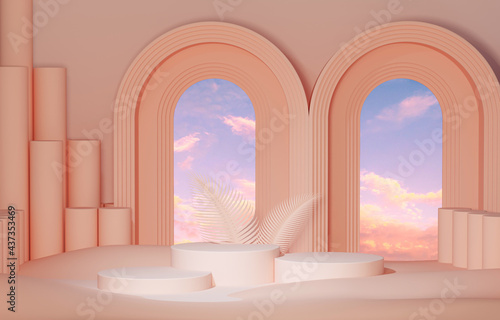 Arch hallway corridor abstract with sky view and cloud pastel pink and coral background minimal concept and podium. Peach Fuzz is color trend of the Year 2024