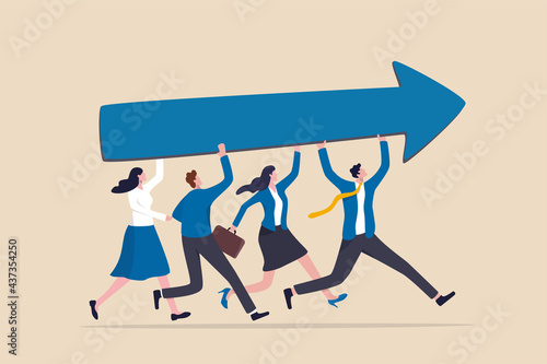 Team success and improvement, sharing same business goal and direction, support and partnership for career growth concept, businessman and woman teamwork help carry big growth rising up arrow graph.