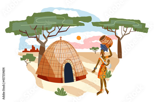 African tribal woman woman with kid and carrying jug on head. Mother standing with little kid near house vector illustration. Girl in dress with traditional elements and baby