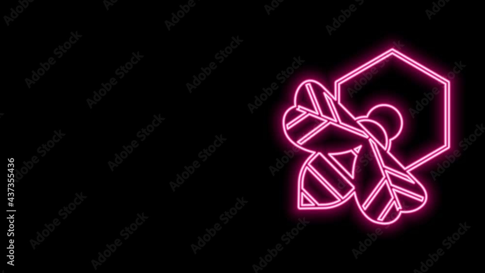 Glowing neon line Bee and honeycomb icon isolated on black background. Honey cells. Honeybee or apis with wings symbol. Flying insect. Sweet natural food. 4K Video motion graphic animation Glowing neon line Bee and honeycomb icon isolated on black background. Honey cells. Honeybee or apis with wings symbol. Flying insect. Sweet natural food. 4K Video motion graphic animation
