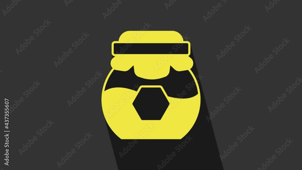 Yellow Jar of honey icon isolated on grey background. Food bank. Sweet natural food symbol. 4K Video motion graphic animation Yellow Jar of honey icon isolated on grey background. Food bank. Sweet natural food symbol. 4K Video motion graphic animation