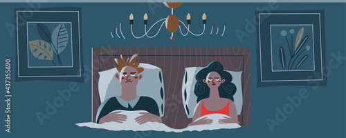 Loud noisy neighbours disturbing unhappy couple in bed. Problems in neighbouring apartments at home vector illustration. Young annoyed man and woman cannot sleep, fighting or quarrel
