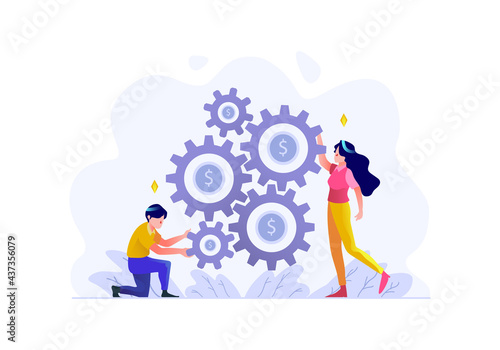 business finance man and women doing money management setting gear strategy people character flat design style Vector Illustration