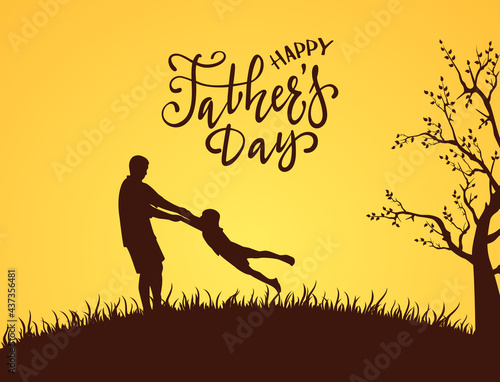 Happy Family and Lettering Fathers Day on Orange Background
