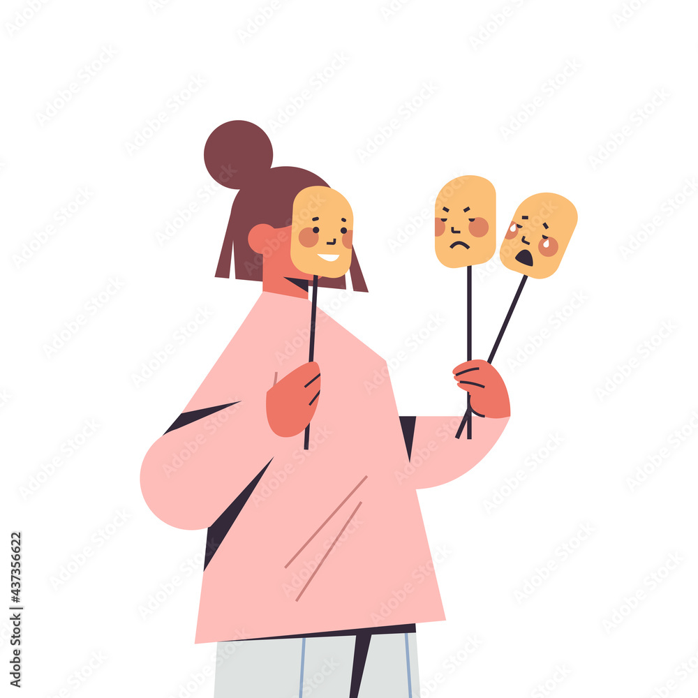 woman holding masks with different emotions fake feeling mental disorder changing natural personality woman holding masks with different emotions fake feeling mental disorder changing natural personality