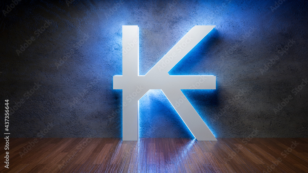 Fototapeta premium Symbol of Lao kip glowing in empty concrete room as currency signï¼Œ3D Rendering