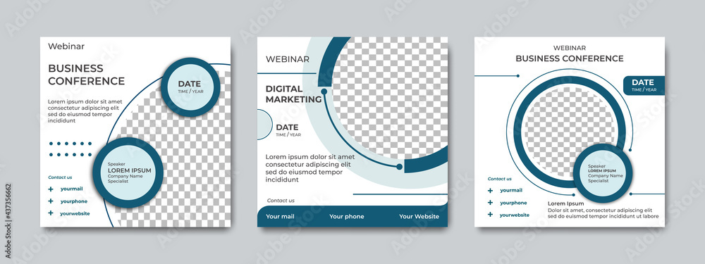 Set of minimalist modern digital webinar social media post templates for concept design. Suitable for online marketing promotion banner, webinar, seminar, flyer, ads, etc. Set of minimalist modern digital webinar social media post templates for concept design. Suitable for online marketing promotion banner, webinar, seminar, flyer, ads, etc.